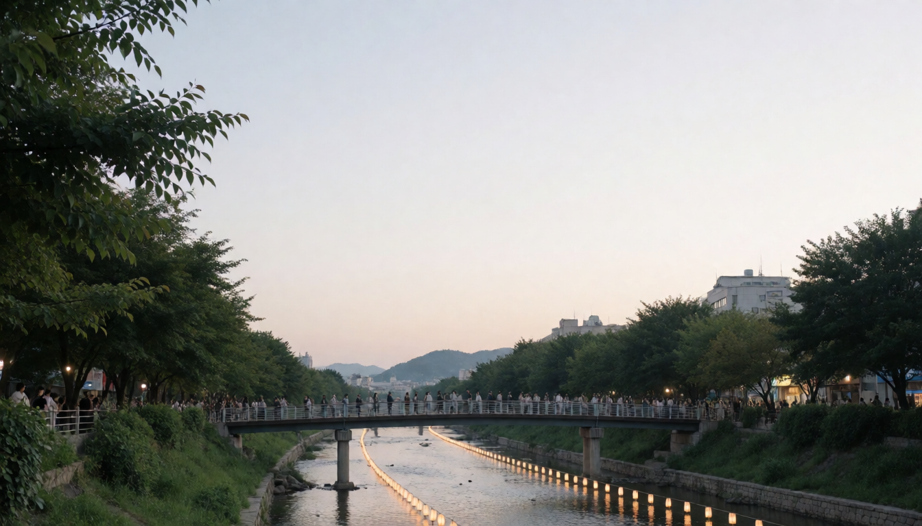 유등으로 빛나는 강 위 안전 난간이 있는 보행 다리