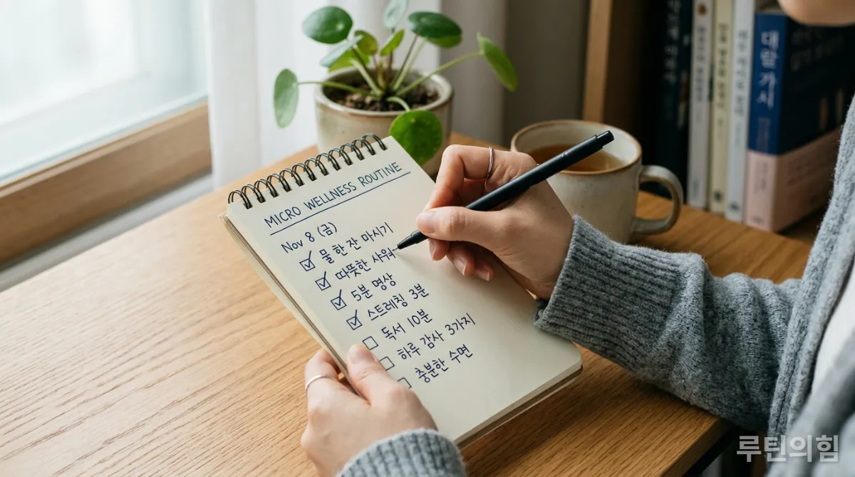 마이크로 웰니스 루틴을 기록한 플래너에 체크 표시를 하는 손