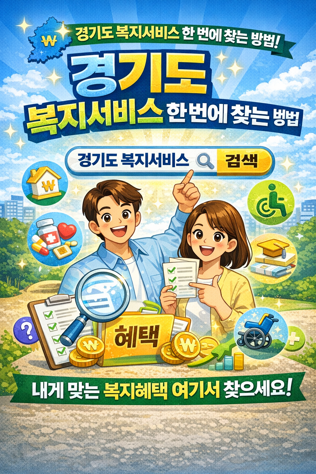 사람들이 검색창에 경기도 복지서비스를 검색하고 내게 맞는 경기도 복지 혜택을 한 번에 찾고 있다.