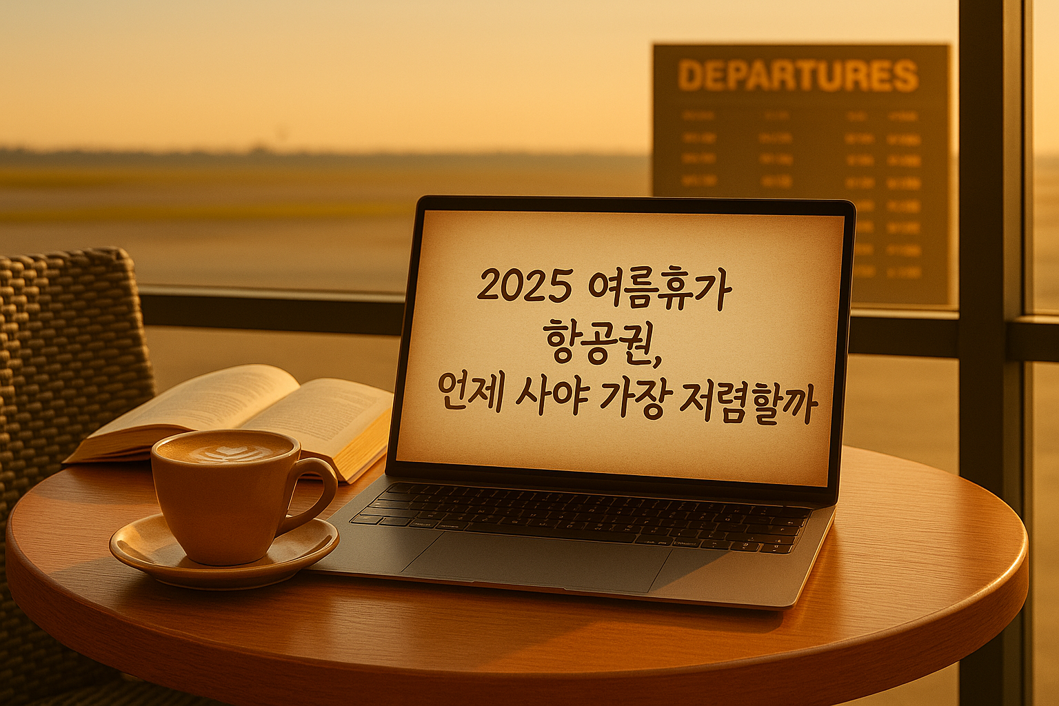 공항 라운지에서 비행기를 바라보며 커피를 즐기는 감성적인 장면, 여름 휴가 항공권 정보를 상징하는 썸네일 이미지