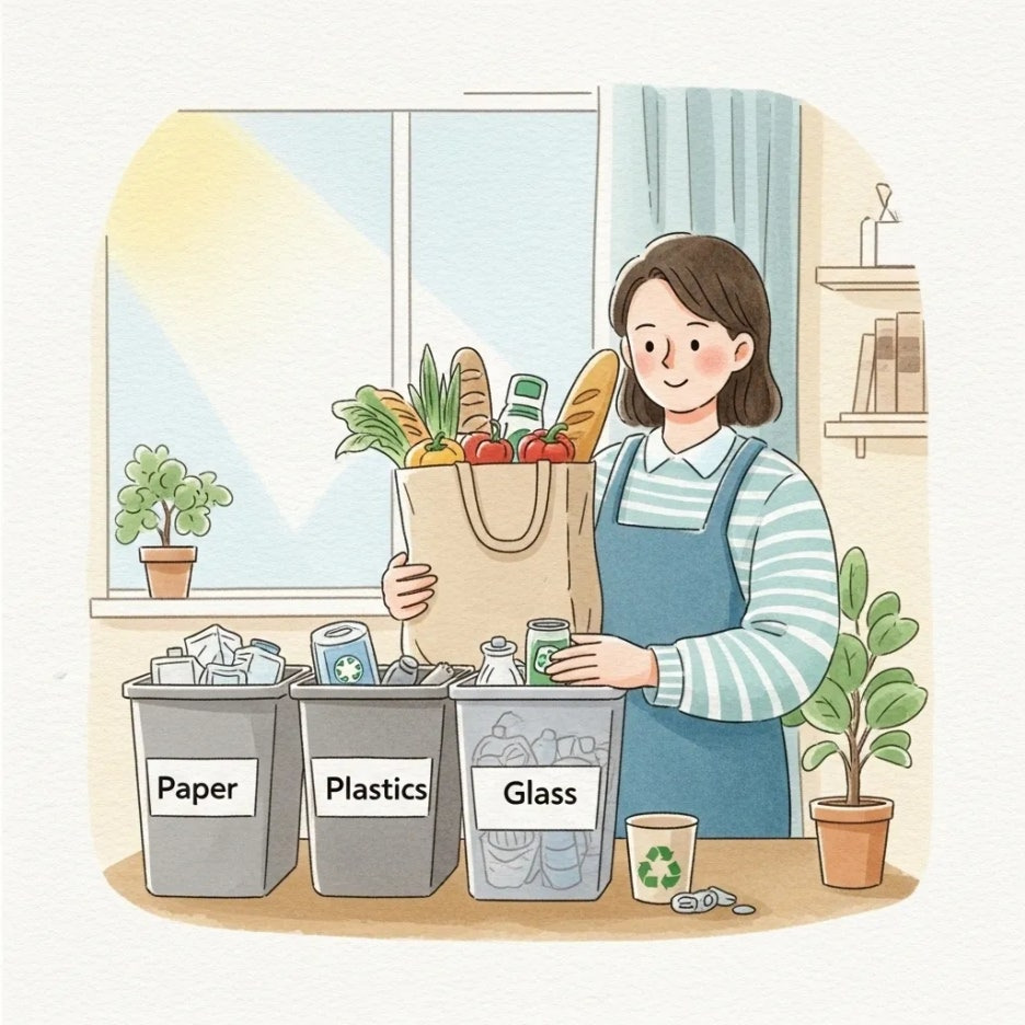 장바구니 사용과 분리수거를 실천하는 모습.