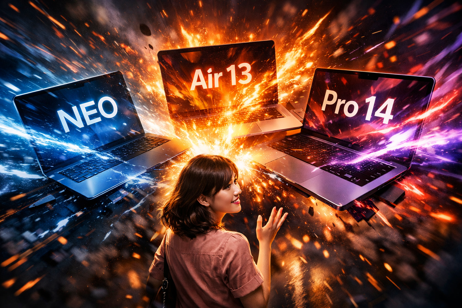 Dynamic battle scene between MacBook Neo, MacBook Air 13, and MacBook Pro 14 with dramatic energy clashes