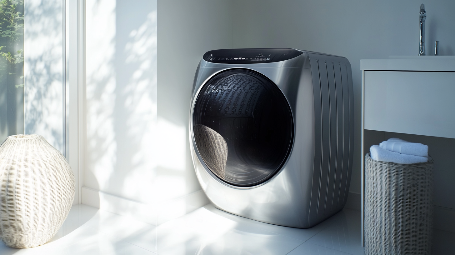 모던하고 세련된 디자인의 삼성 세탁기가 현대적 세탁실에 놓여 있으며, 깔끔하고 고급스러운 느낌을 강조하는 이미지.