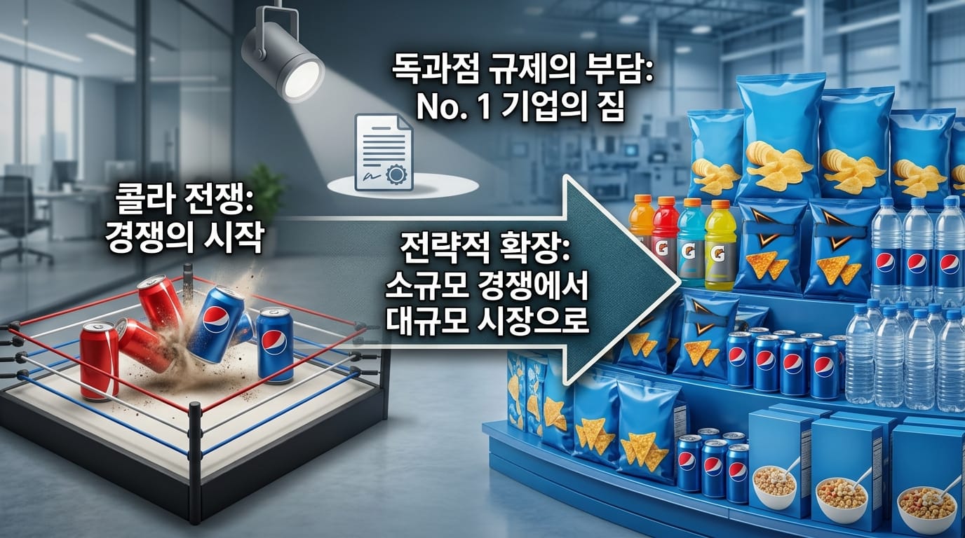 콜라 전쟁 구도에서 벗어나 스낵과 음료 포트폴리오로 시장을 넓히는 펩시코 전략을 표현한 이미지