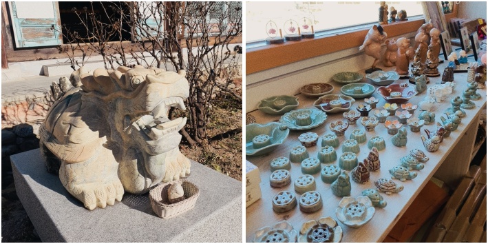 삼천대불전 앞 비휴와 불교용품점