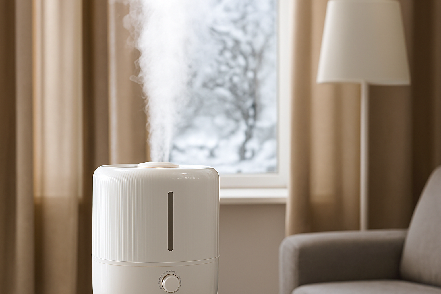 겨울철 실내에서 가습기를 사용하는 모습의 이미지
