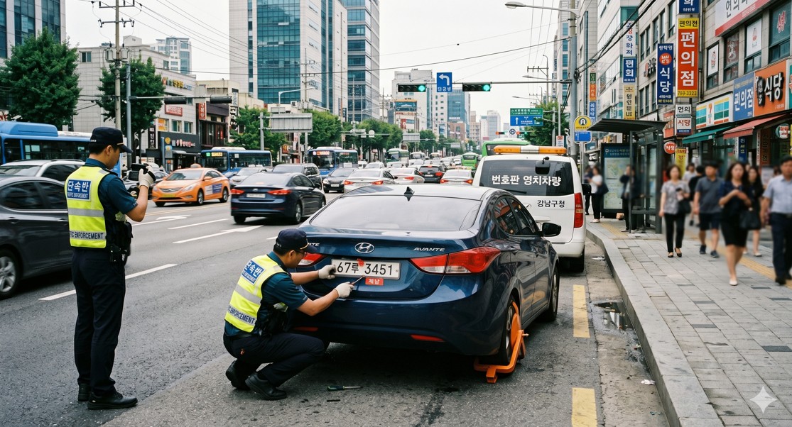 도심 도로에서 단속반이 체납 차량의 번호판을 탈거하는 사실적인 보도 사진 스타일