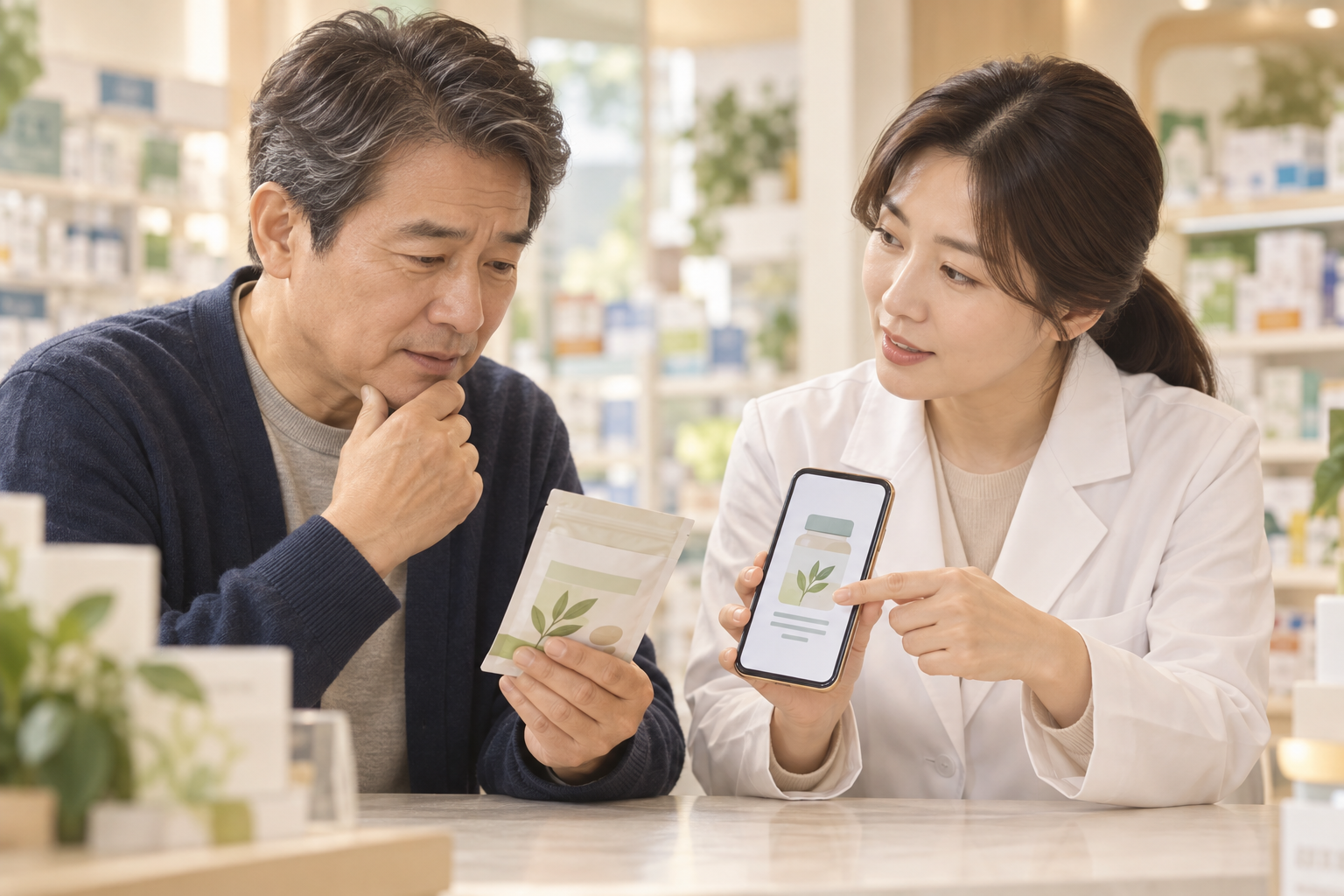 약 봉투와 영양제 라벨 사진을 약사에게 함께 보여주는 중년 남성