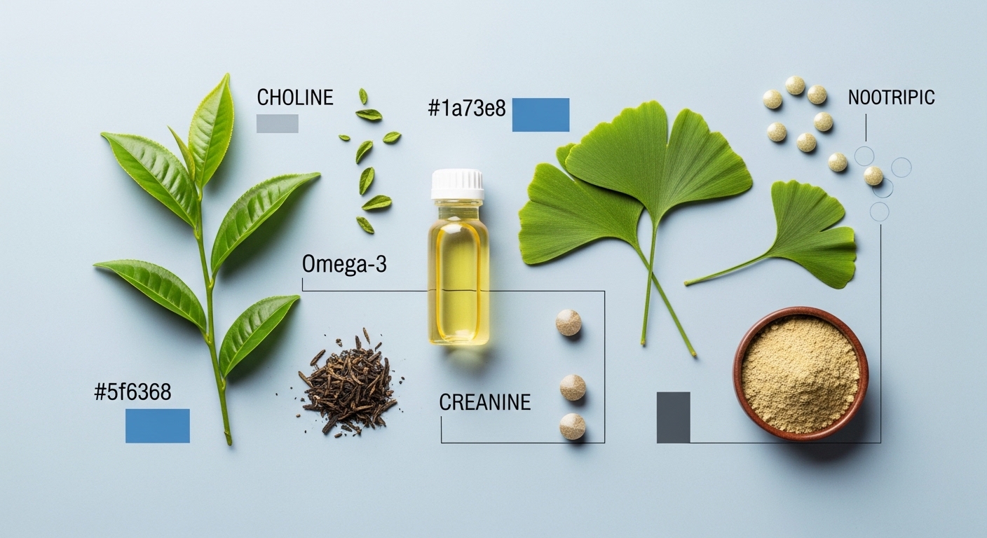 다양한 노오트로픽 성분들(녹차잎, 오메가-3 오일, 은행잎, 크레아틴 분말 등)이 깔끔하게 정돈된 모습