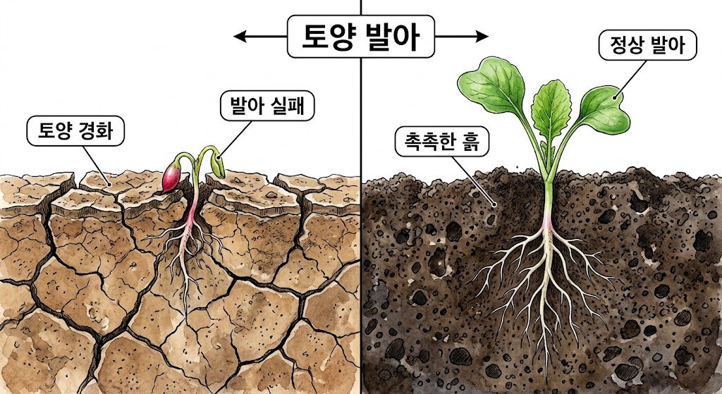 토양 관수 방식에 따른 무 싹의 발아 상태 차이를 나타내는 현장 비교 단면도
