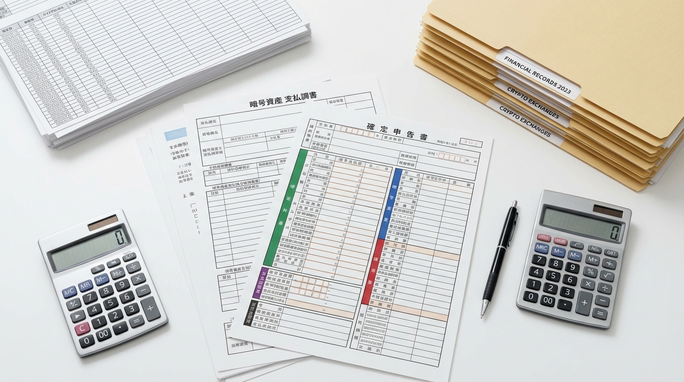 仮想通貨の税金計算、確定申告書類、電卓、税務関連書類