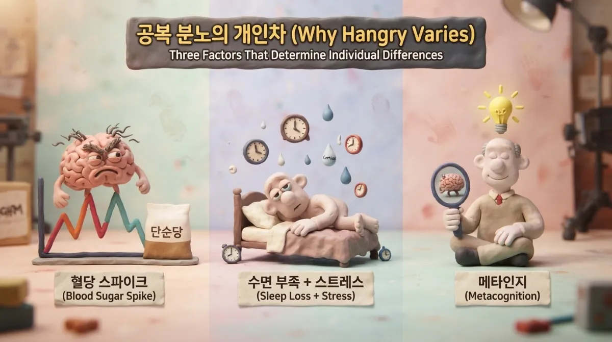 똑같이 배가 고파도 어떤 사람은 덤덤하고 어떤 사람은 예민해지는 이유를 설명하는 인포그래픽. 혈당 스파이크, 수면 부족과 스트레스, 메타인지라는 세 가지 요인을 클레이 캐릭터로 길게 비교한 일러스트