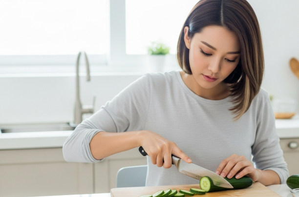 깨끗한 도마 위에서 오이를 어슷썰기하고 있는 모습