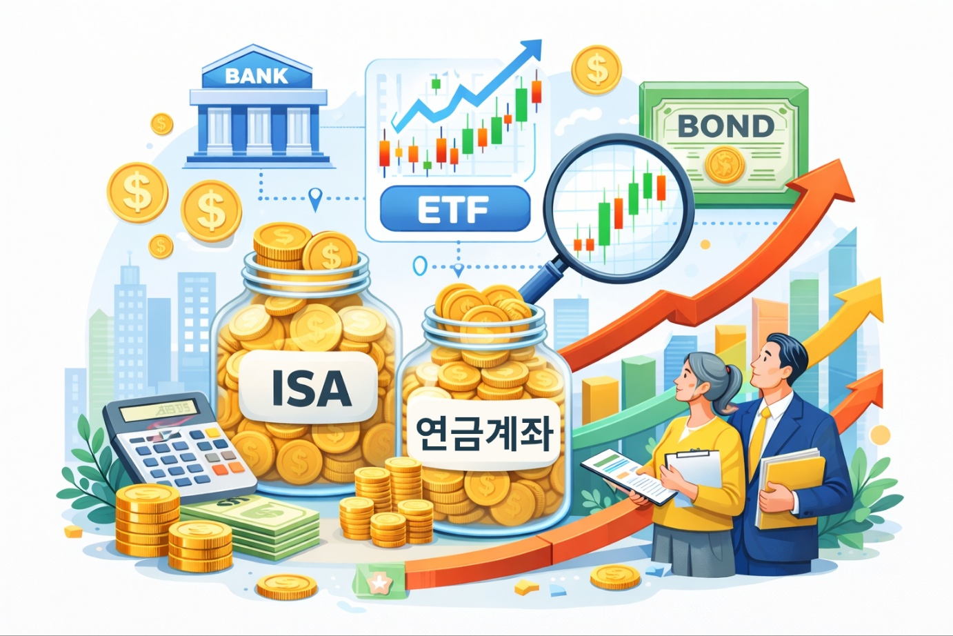 ISA와 연금계좌 안에서 ETF와 채권을 활용해 자산을 운용하는 과정을 그래프와 아이콘으로 표현한 투자 구조 설명 이미지