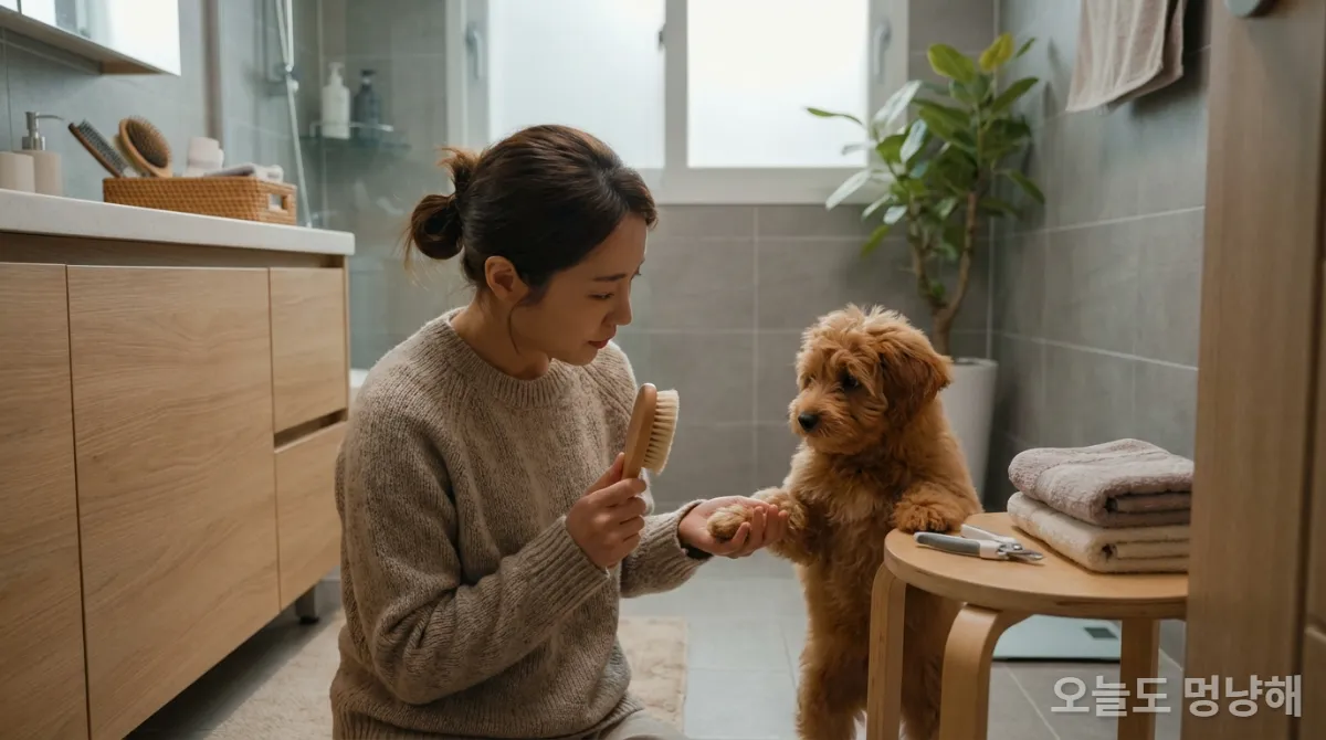 한국인 여성이 집에서 강아지에게 미용 훈련을 시도하는 모습