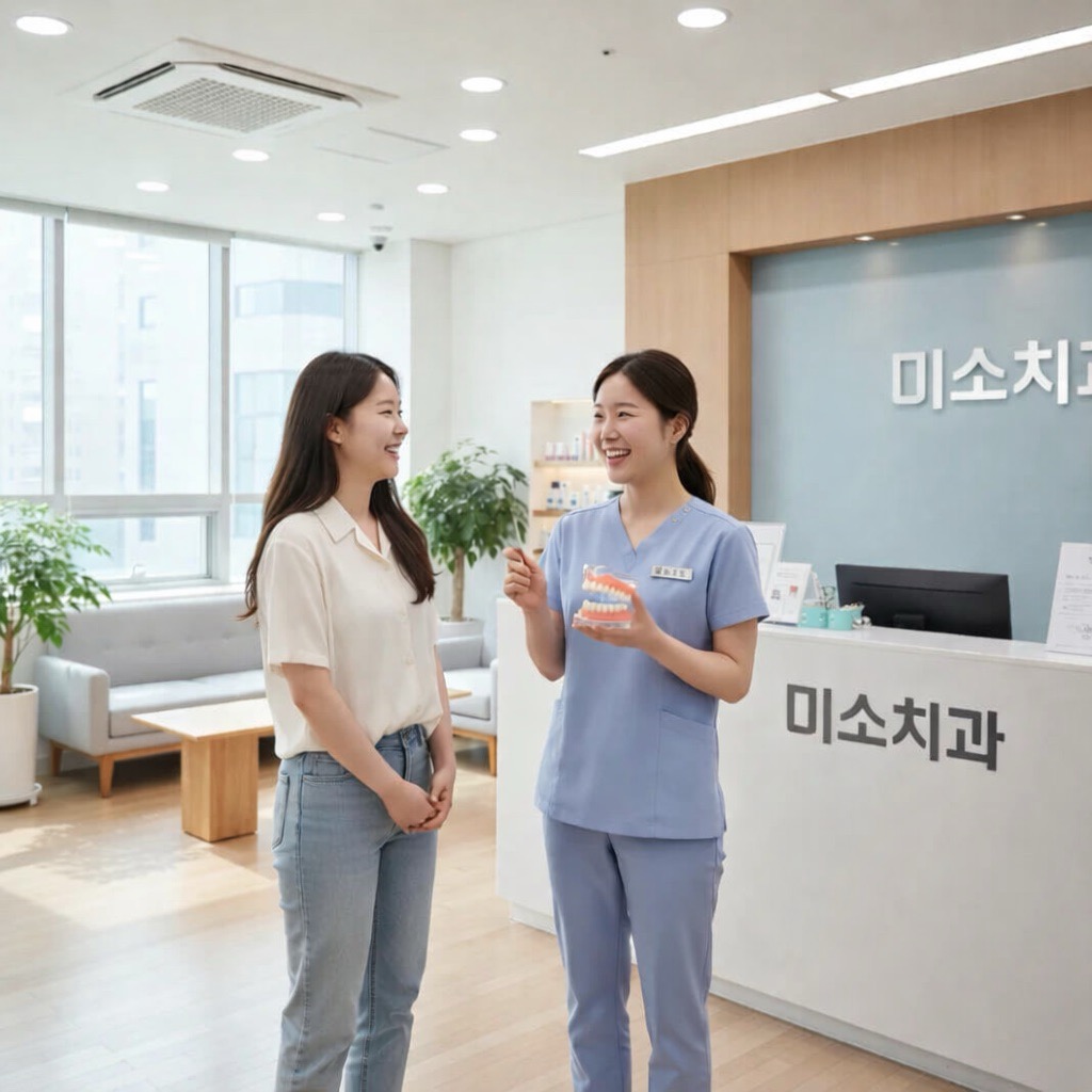 2025년 스케일링 건강보험 혜택을 설명하는 한국인 치과 위생사와 웃는 환자의 모습