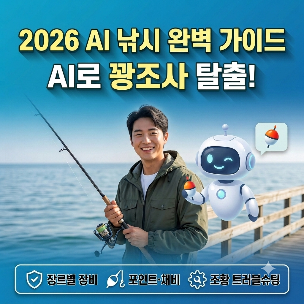 '2026 AI 낚시 완벽 가이드'를 주제로, 바다 방파제에서 낚싯대를 들고 환하게 웃는 남성과 찌를 든 귀여운 AI 로봇, 그리고 '장르별 장비, 포인트&middot;채비, 조황 트러블슈팅' 배너가 포함된 블로그 썸네일 이미지입니다.