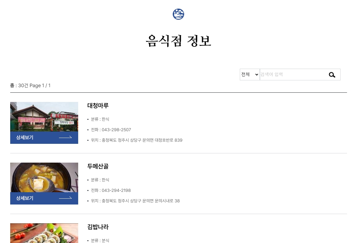 홈페이지에 등록된 다양한 음식점 목록