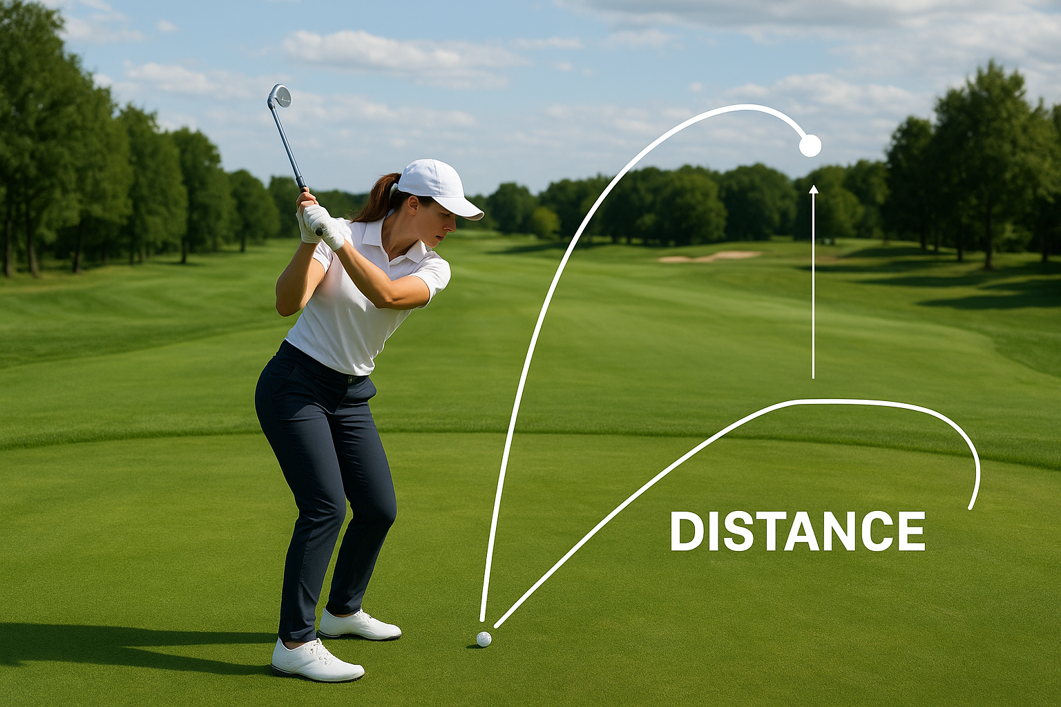 여자 프로 골퍼가 아이언 궤도 거리 코스공략을 이미지 트레이닝하는 모습