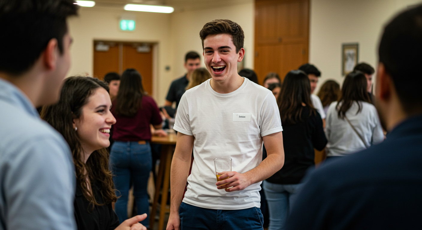 사람들사이에서 웃고있는 남자