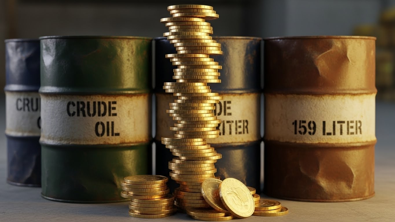 Gold coins stacking up next to oil barrels, symbolizing wealth from energy and finance sectors