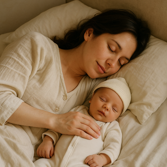 아기와 함께 침대에 누워 자고 있는 엄마