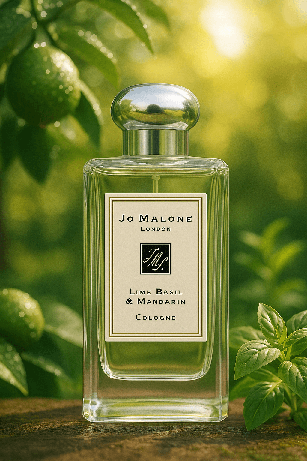 조말론 라임 바질 앤 만다린 향수 병이 자연광 아래 정원 테이블 위에 놓여 있으며, 옆에는 신선한 라임과 바질 잎이 함께 배치되어 있어 청량하고 싱그러운 무드를 자아낸다
