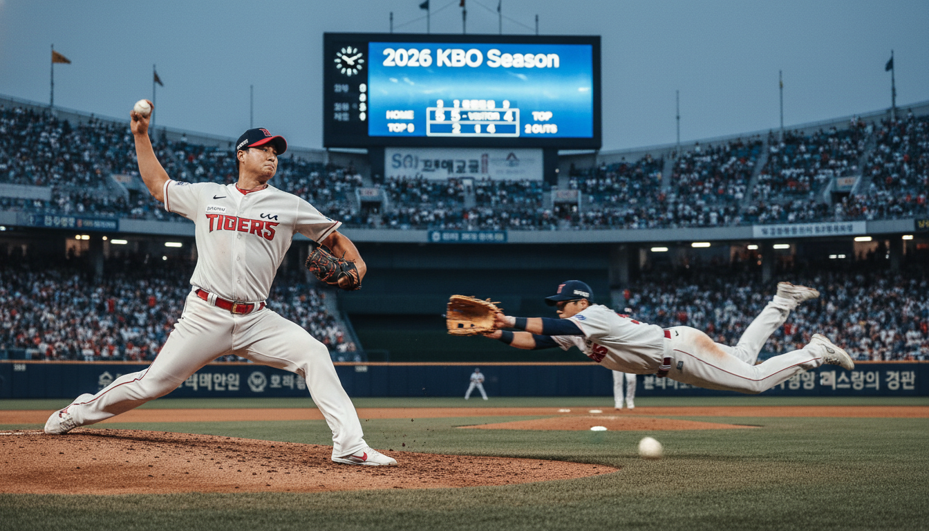 KIA 타이거즈 투수 강효종 선수가 역동적으로 투구하고 있으며, 동시에 중견수 선수가 다이빙 캐치를 하는 모습. 2026시즌 우승을 향한 팀의 희망과 활력을 상징합니다.