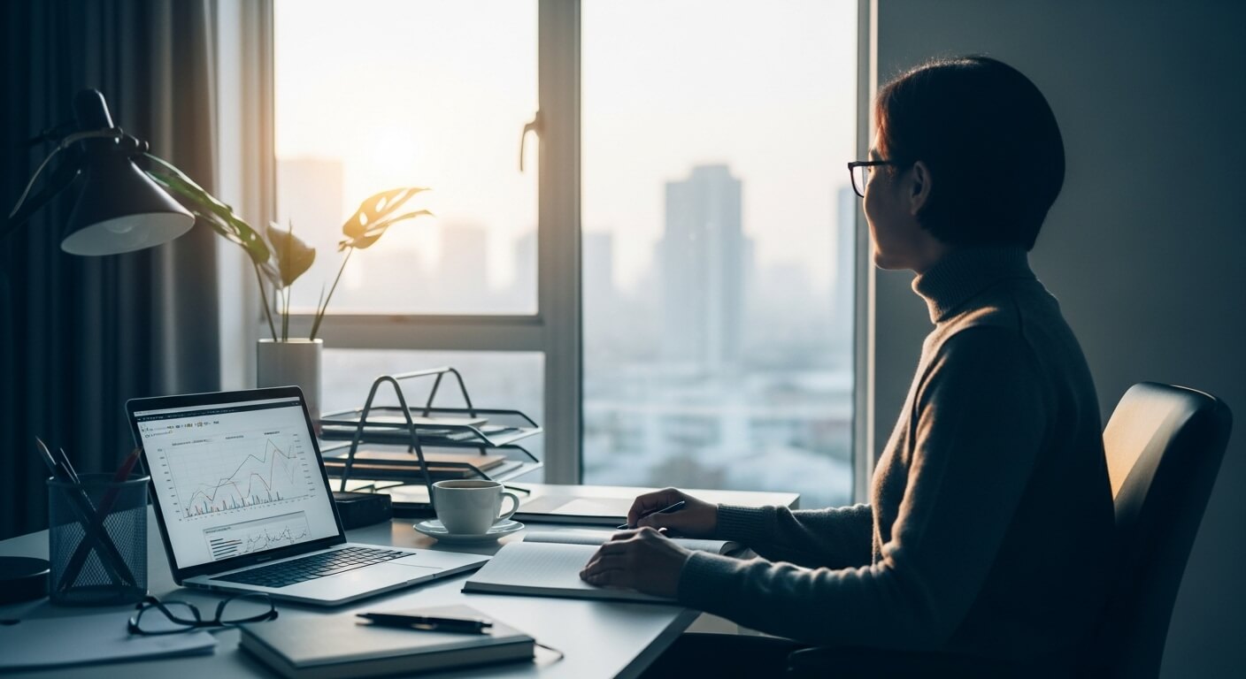 이른 아침, 세련된 홈 오피스에서 부자가 하루를 계획하며 차분하게 미래를 구상하는 모습.