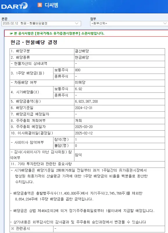 디씨엠(024090) 2025년 배당일