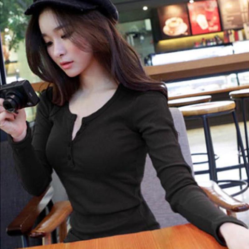 검정 골지 티셔츠 여성 가을 의류 단추 엣지 기본티