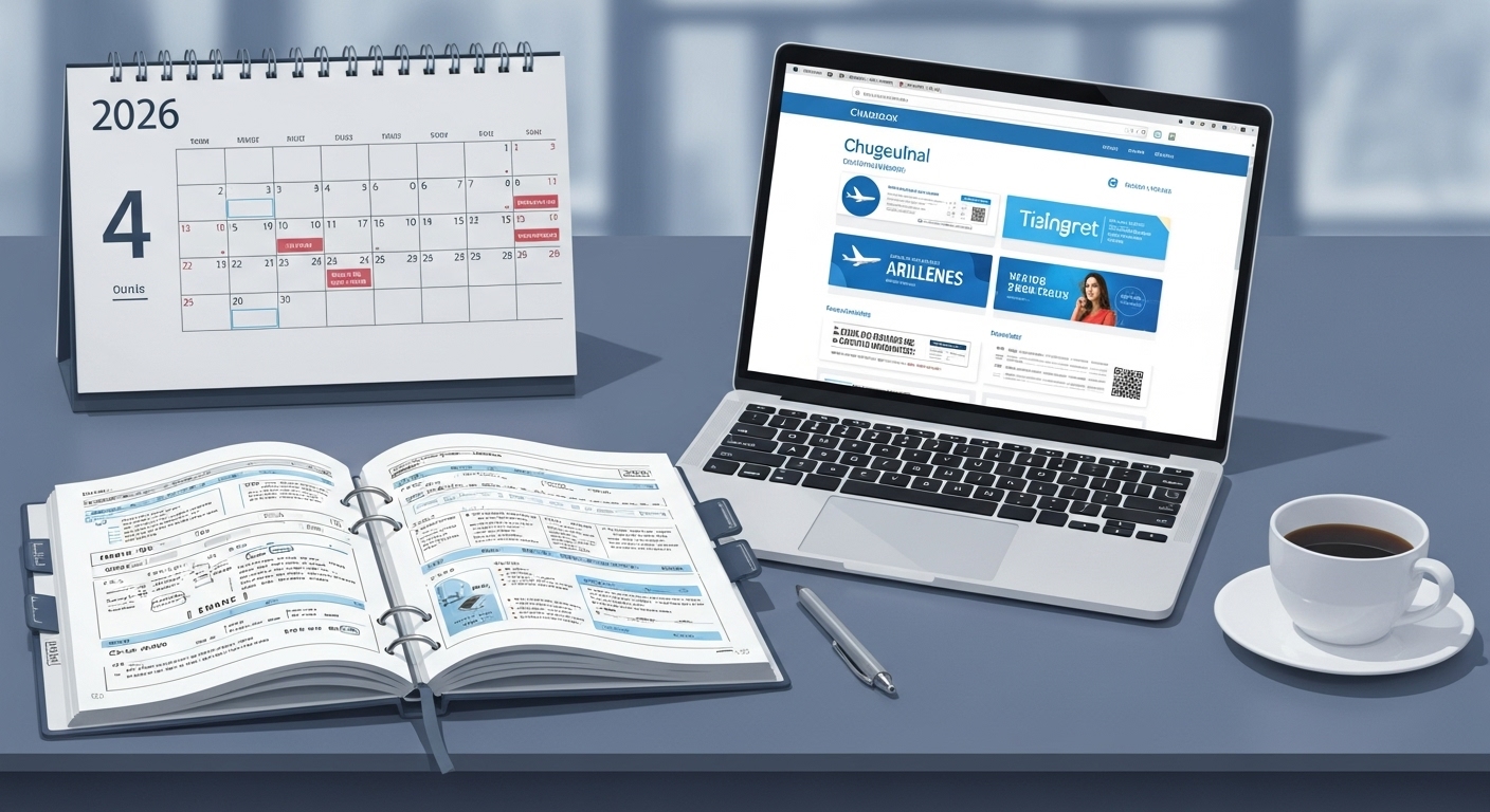 노트북과 커피가 놓인 책상에서 2026년 황금연휴 여행 일정을 계획하는 모습
