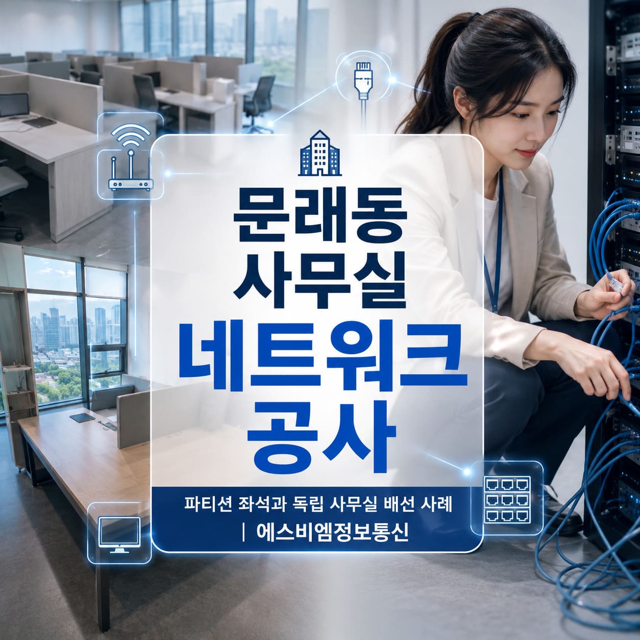 문래동 사무실 네트워크 공사, 파티션 좌석과 독립 사무실 배선 사례 | 에스비엠정보통신