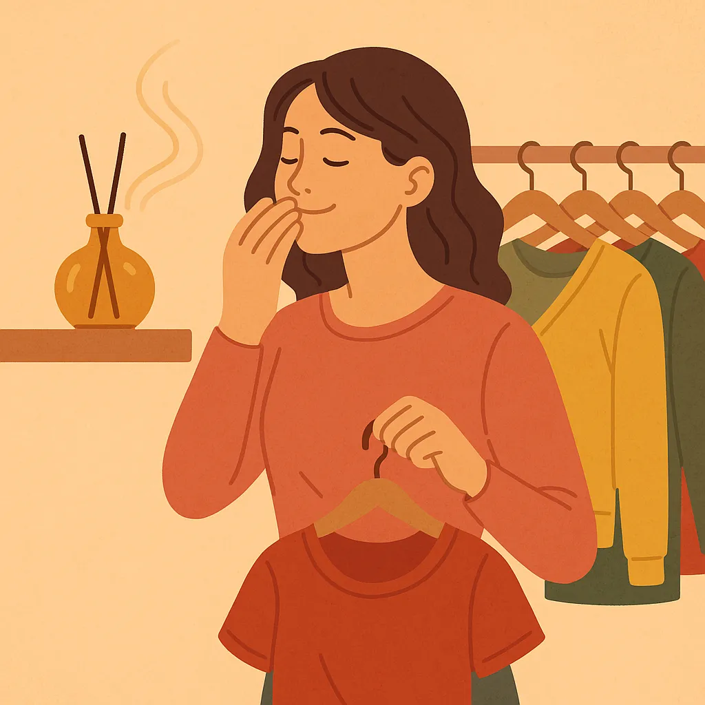 향기가-소비심리에-미치는-효과를-표현한-일러스트로,-여성이-매장-내-디퓨저-향을-느끼며-미소짓는-모습이-그려져,-향기가-감정과-구매-결정에-주는-긍정적-영향을-상징함.