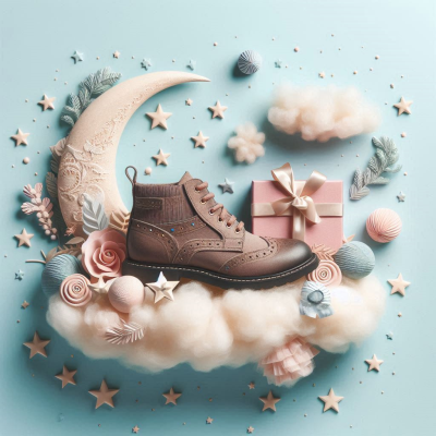 구름 속에 놓인 신발과 꿈을 상징하는 별, 달과 꽃이 장식된 꿈의 이미지입니다.