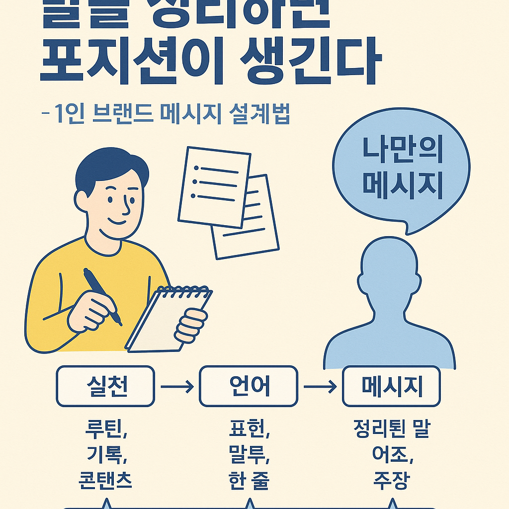 1인 브랜드의 메시지 정리와 포지셔닝을 위한 루틴 기반 전략을 설명하는 평면 스타일의 디지털 일러스트 – 말과 언어를 정리해 브랜드 정체성을 설계하는 흐름 시각화