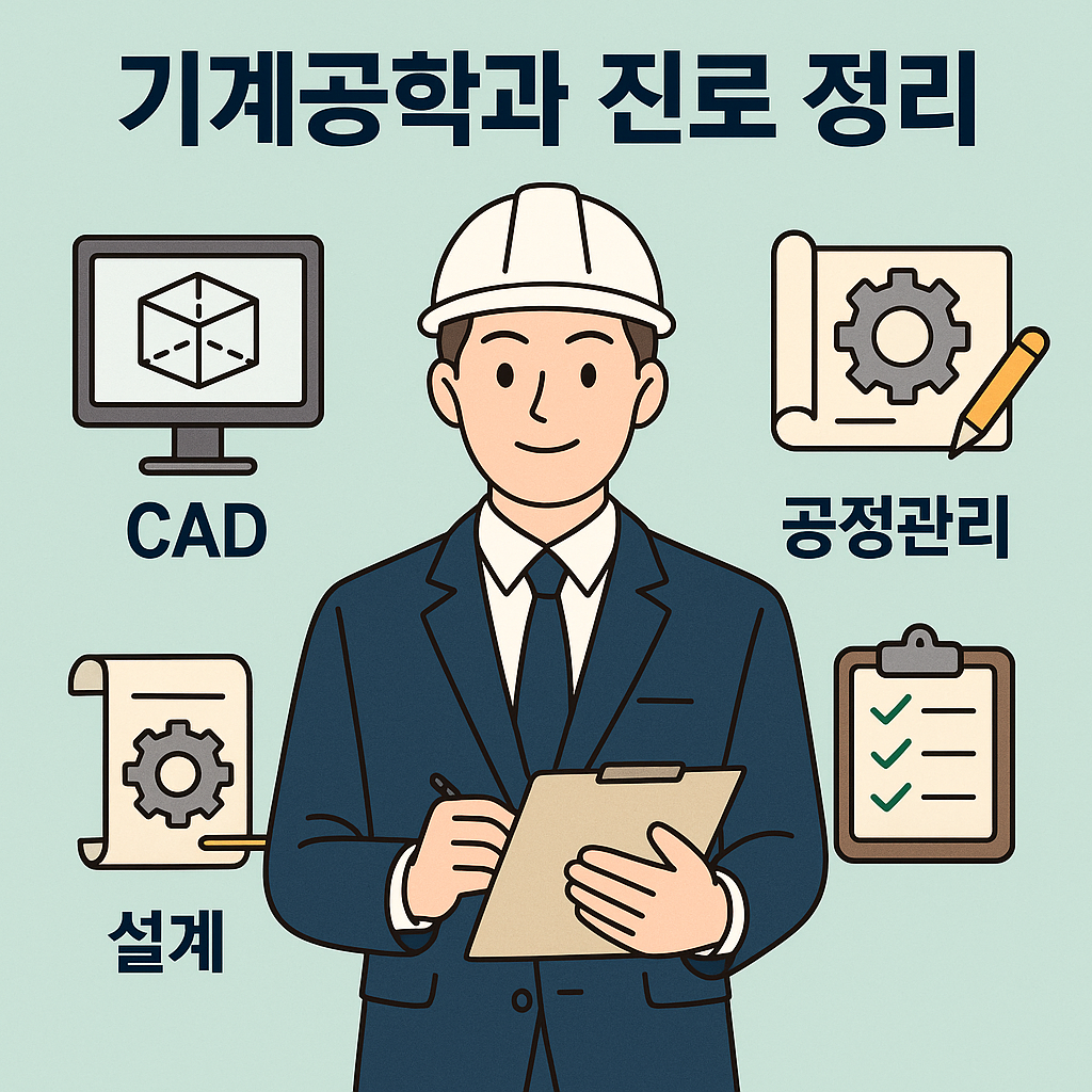 기계공학과 진로 정리를 주제로 CAD, 설계, 공정관리 분야의 직무를 안전모를 쓴 공학도와 함께 표현한 일러스트 포스터