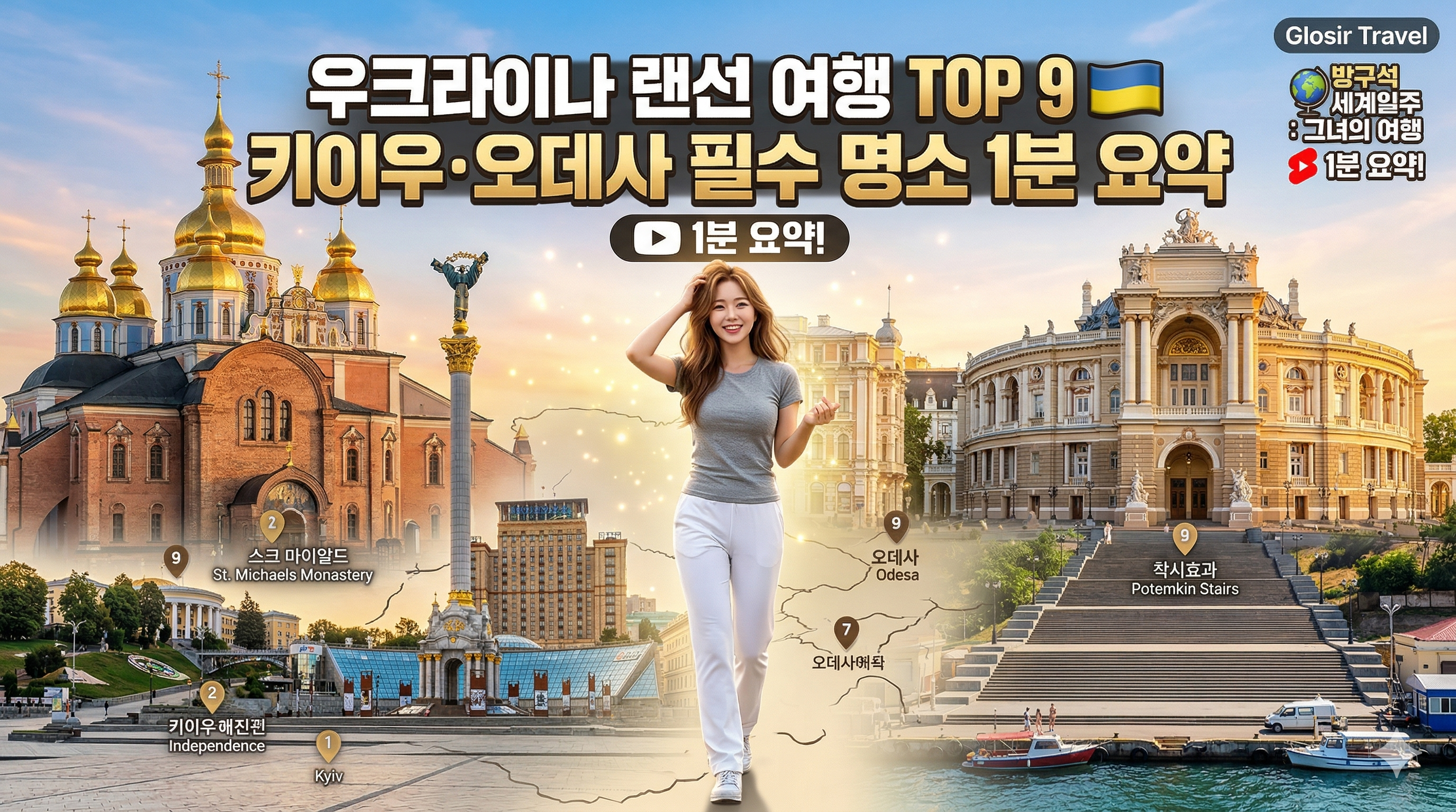 우크라이나 핵심 명소가 합성된 메인 커버 이미지. 그레이 반팔티와 흰색 일자 트레이닝 바지를 입은 예쁜 한국 여성 여행자가 독자를 안내하듯 활기차게 걸어오는 포즈를 취하고 있다. 배경에는 키이우 성 미카엘 수도원, 오데사 오페라 하우스 등이 화려하게 펼쳐져 있다.
