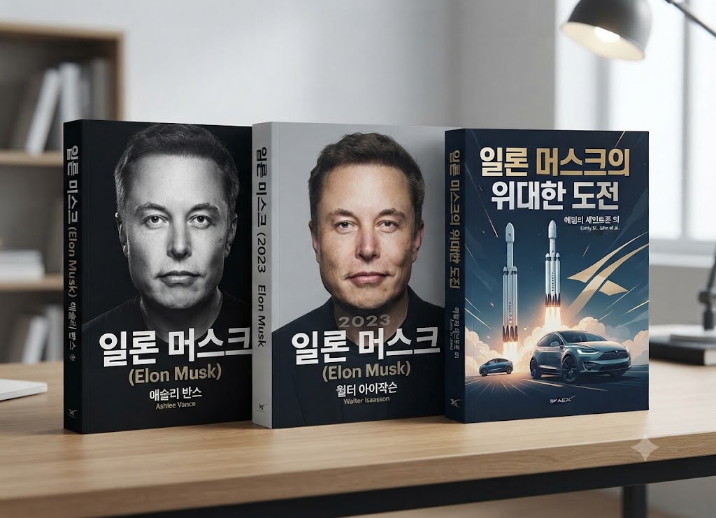 "일론 머스크 관련 도서 3권(애슐리 반스의 일론 머스크 평전, 월터 아이작슨의 일론 머스크 2023, 일론 머스크의 위대한 도전)이 나란히 세워져 있는 모습"