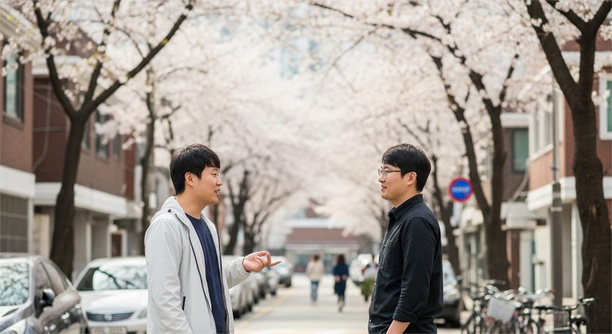봄날 야외에서 가볍게 대화하는 한국인 남성의 모습 