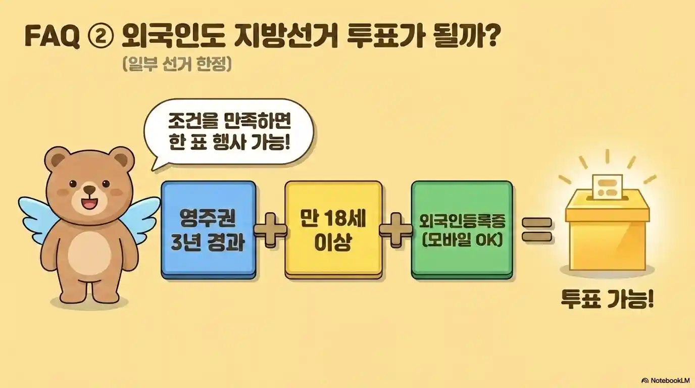 외국인 지방선거 투표 가능 조건 - 영주권 취득 후 3년 경과 만 18세 이상 외국인등록증 모바일 가능 기초선거 한정