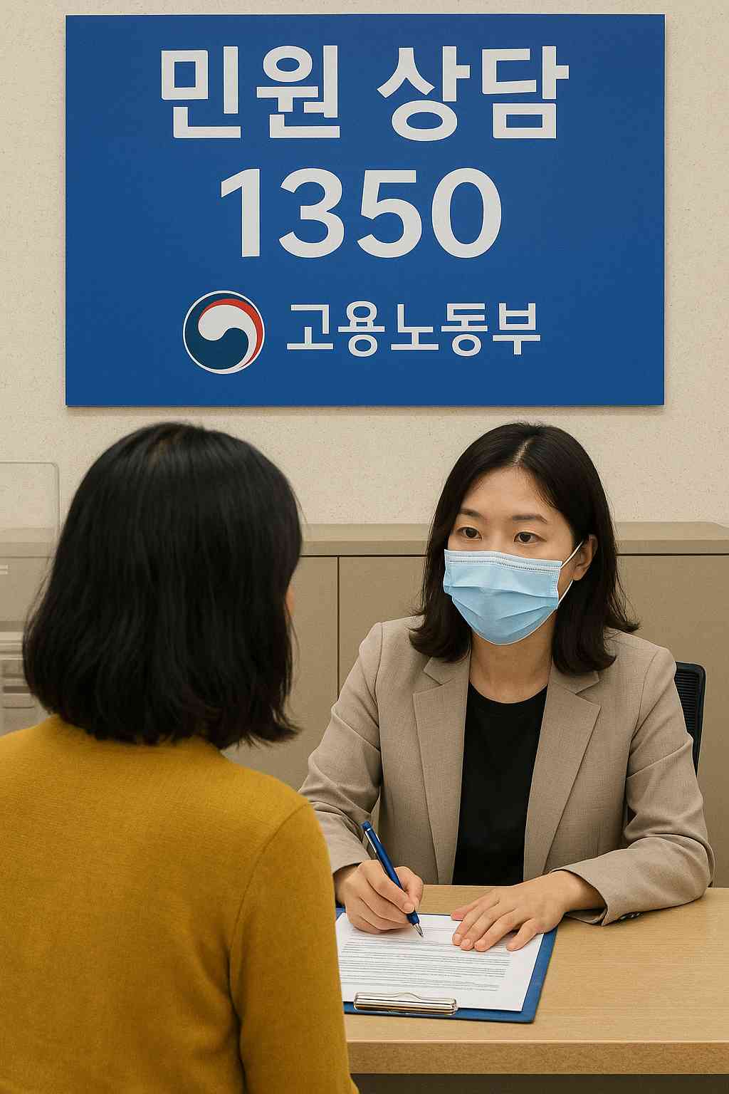고용노동부 민원상담창구에서 상담을 받는 여성의 모습, 1350 안내판 포함