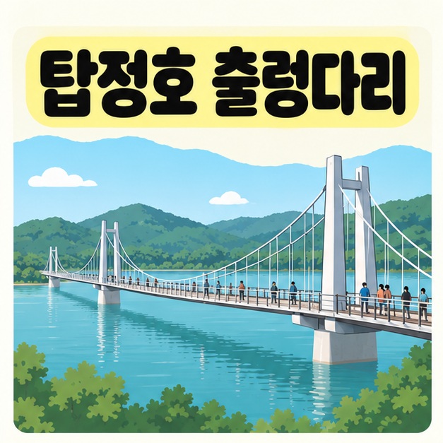 탑정호 출렁다리 제목 아래 산으로 둘러싸인 청록색 호수 위로 보행 현수교가 길게 이어지고 방문객들이 걷는 풍경 삽화