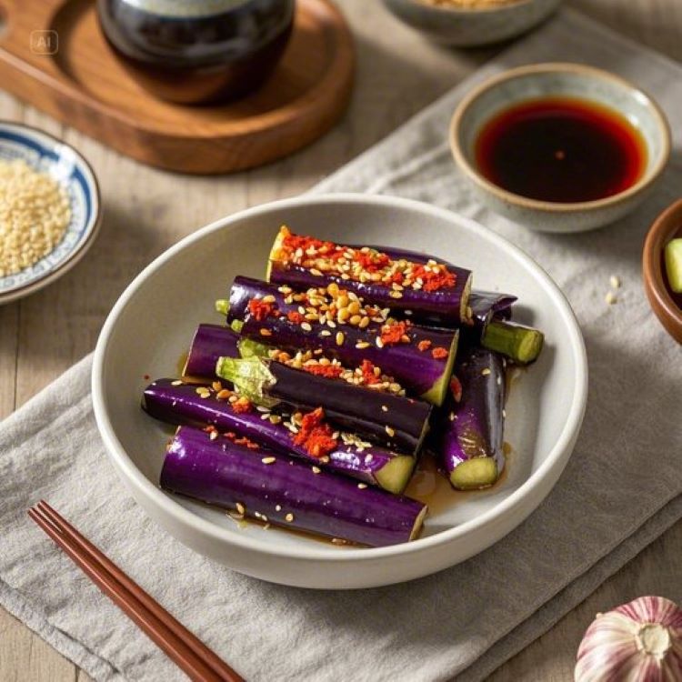 윤기 나는 보랏빛 가지를 길게 썰어 하얀 그릇에 담고, 빨간 고춧가루와 참깨가 뿌려진 가지무침이 식탁 위에 놓여있는 모습. 배경에는 간장, 참기름, 마늘 등 양념 재료들이 정갈하게 배치되어 있고, 자연광이 들어오는 밝은 주방 분위기. 한국 전통 식기와 젓가락이 함께 보이는 따뜻하고 정갈한 한식 밑반찬의 모습을 연출한 사진