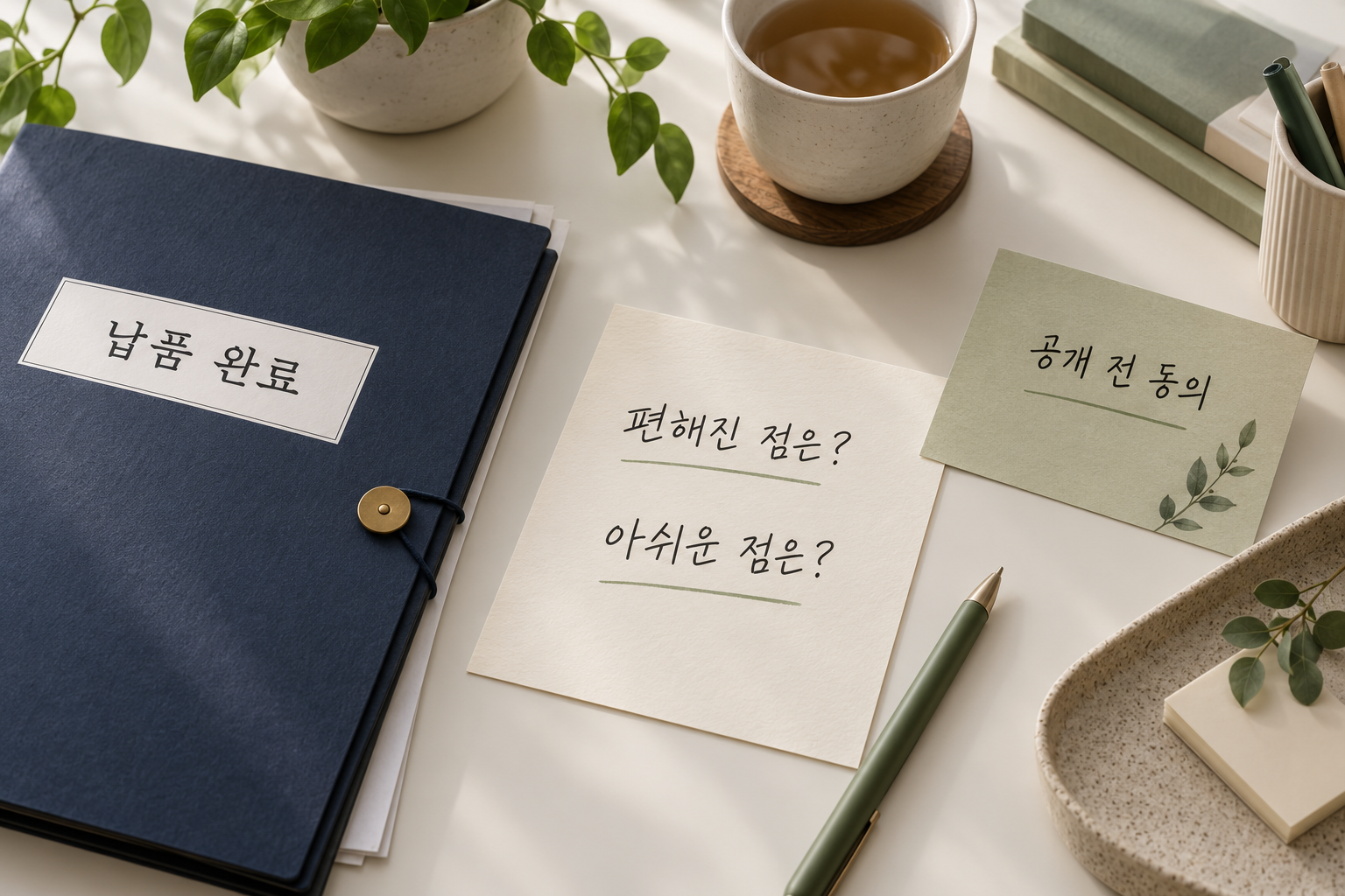 납품 완료 폴더와 편해진 점, 아쉬운 점을 묻는 메모, 별도 공개 동의 카드
