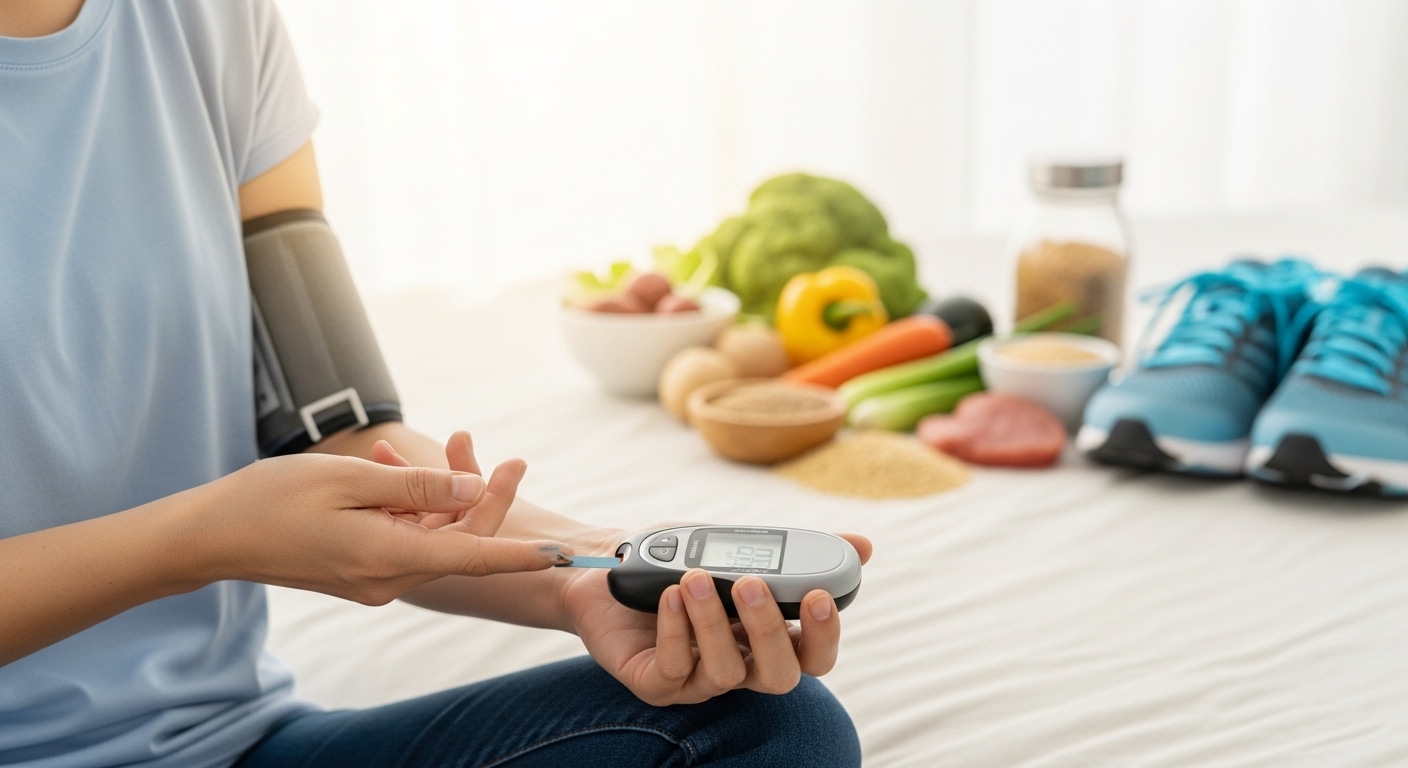 혈당 측정기로 혈당 수치를 확인하는 사람. 배경에는 건강한 식단(채소, 통곡물)과 운동화가 흐릿하게 보이며, 혈당 관리와 건강한 생활 습관을 상징합니다.