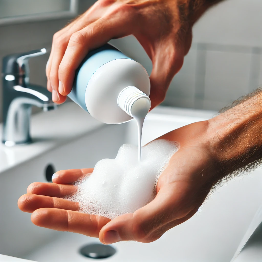 강아지 목욕 준비 – 보호자가 약용 샴푸를 손에 덜고 있는 모습