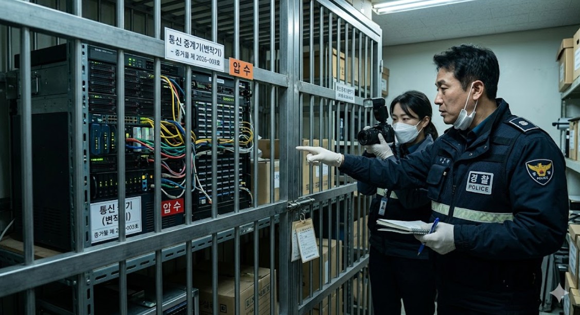철창 안에 갇힌 통신 중계기(변작기)와 이를 수사하는 경찰관의 모습