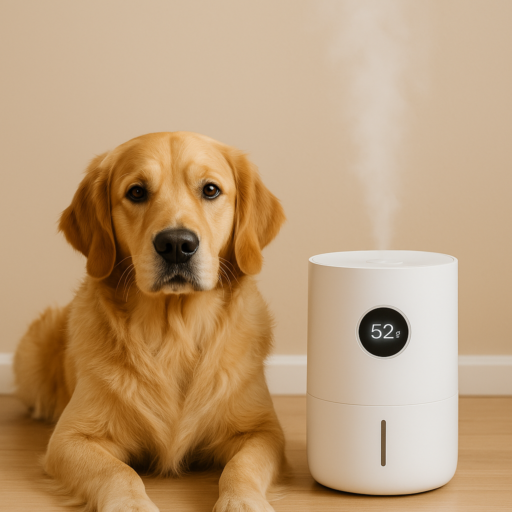 실내 습도 52%를 유지하는 가습기 옆에 앉은 골든리트리버, 반려동물 털날림 줄이는 환경 조성
