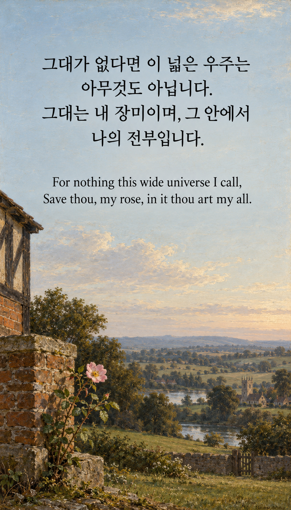 나에게 전부인 존재: 그대가 없다면 이 넓은 우주는 아무것도 아닙니다. 그대는 내 장미이며, 그 안에서 나의 전부입니다. 해당 시대 그림체, 오래된 벽돌 옆 장미와 먼 풍경.